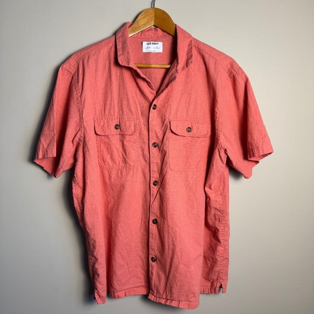 Old Navy Linen Blend Men's Short Sleeve Button Up Camp Shirt Coral Size Large
